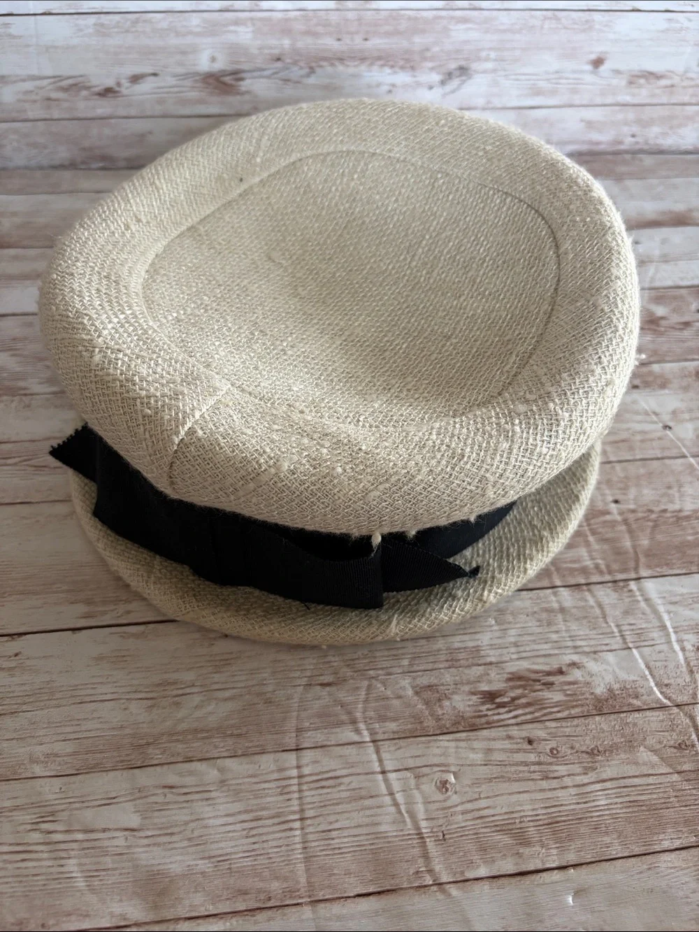 Vintage Cream Straw Pillbox Hat with Black Grosgrain Band - Picture 6 of 9